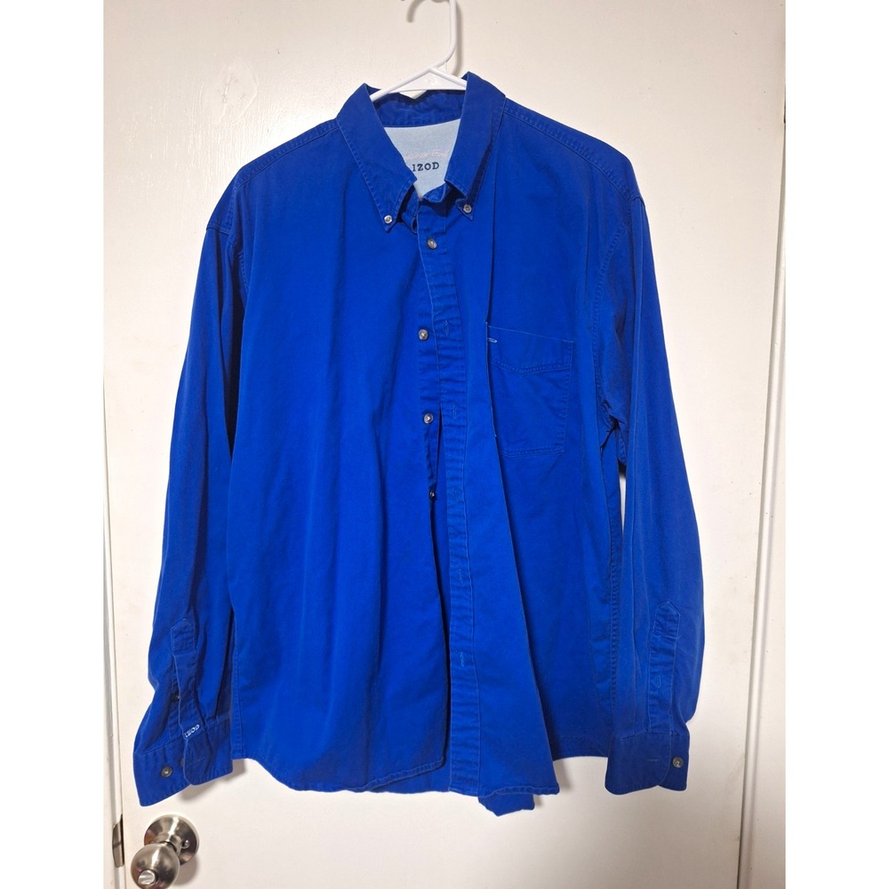 IZOD Saltwater Twill Mens Shirt Large L Blue Long Sleeve Button Down 100% Cotton